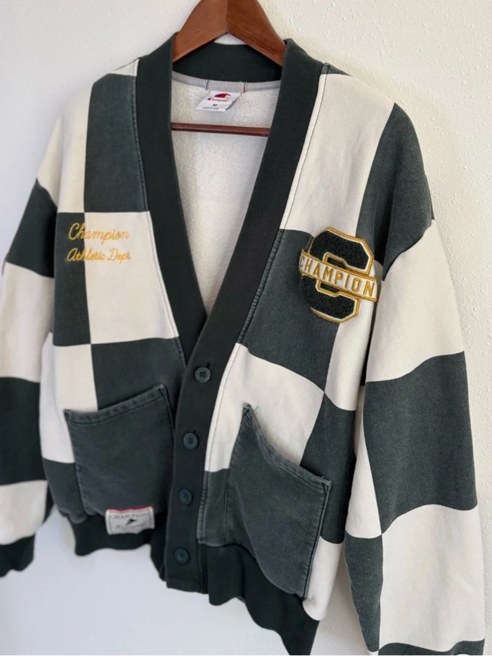 Champion Varsity Check Cardigan Green Cream Medium Retro Collegiate Sweater